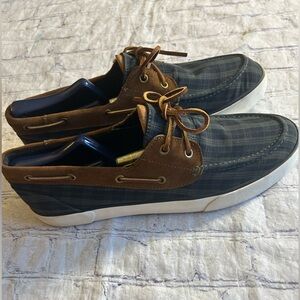 POLO RALPH LAUREN PLAID CANVAS & SUEDE BOAT SHOES BLUE/GREEN LEATHER LACES 12D